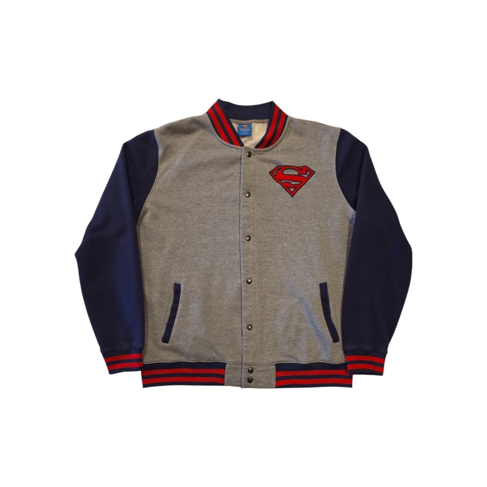 Superman Varsity Jacket Adult Gray Navy Red DC Comics Logo Fleece Snap Front XL